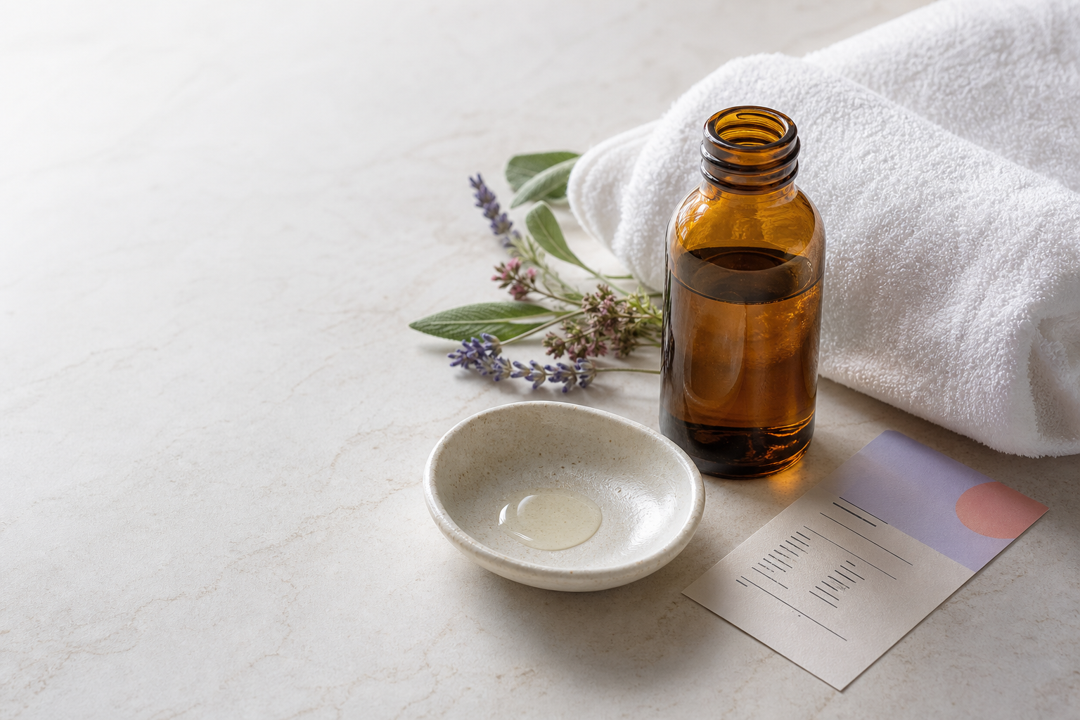 Transparante olieflacon met lavendel en een papieren etiket in daglicht